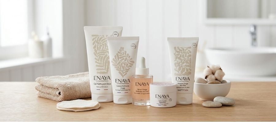 Routine visage ENAYA avec nettoyant, sérum et crème hydratante naturelle